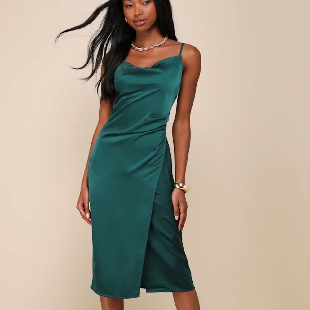 Lulu's Hollywood Woman Forest Green Satin Midi Dress XS NWT